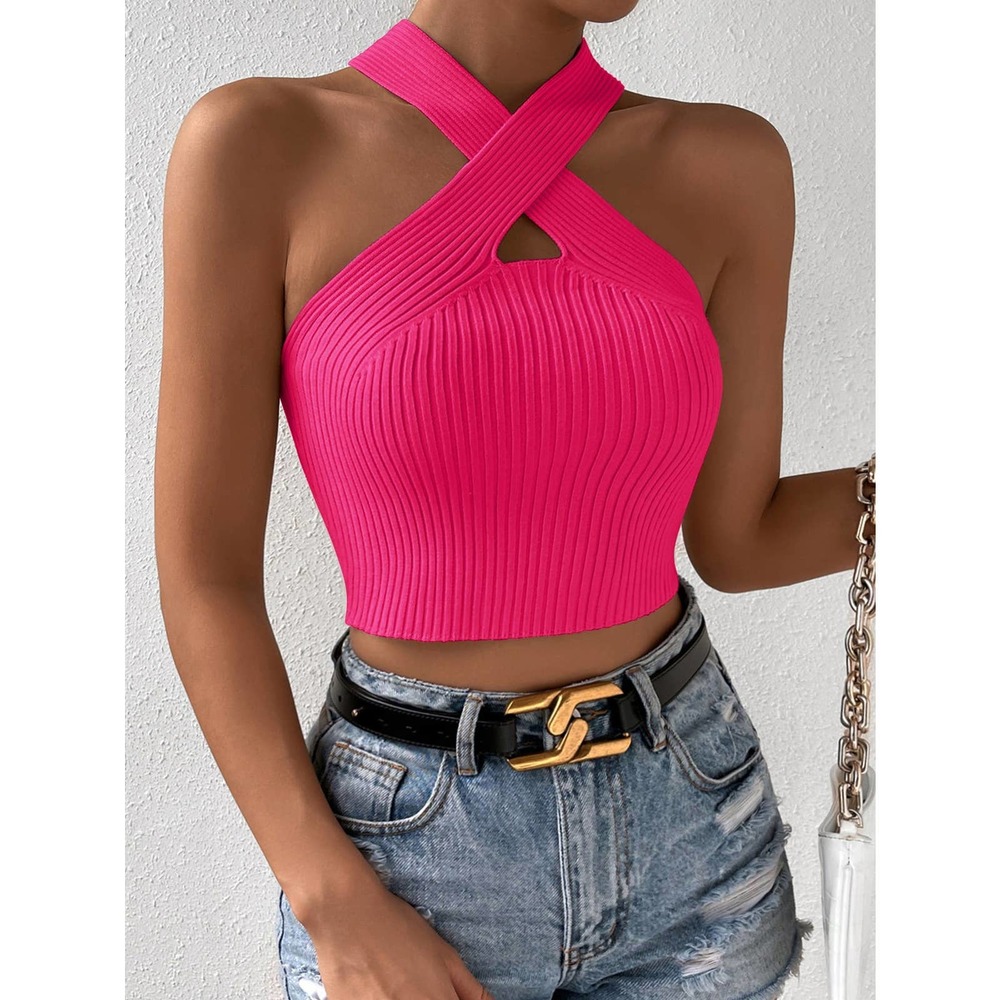 High neck ribbed knit Crisscross Halter Knit crop Top y2k cream - Picture 7 of 8